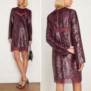 NWT - SIMKHAI Mako Long Sleeve Mini Dress in Mangosteen Size 0 silk sequin